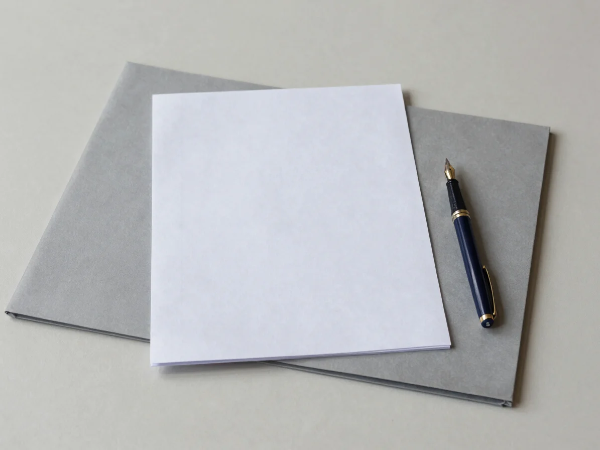 Overhead view of a neat desk with a folded paper document, a foun