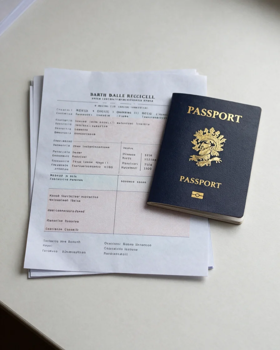 Overhead editorial study of a UK birth certificate and passport b